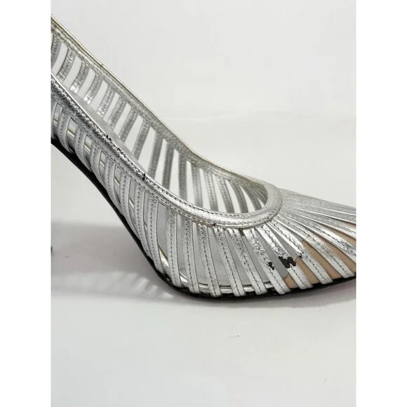 Gucci Silver Leather Heels Laser Cut Stripe Metallic Y2K Vintage Sz EU 36.5C 6.5 - Picture 8 of 10